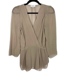 Aritzia Babaton XSmall Taupe Brown Silk Sheer Alexander Surplice Peplum Blouse